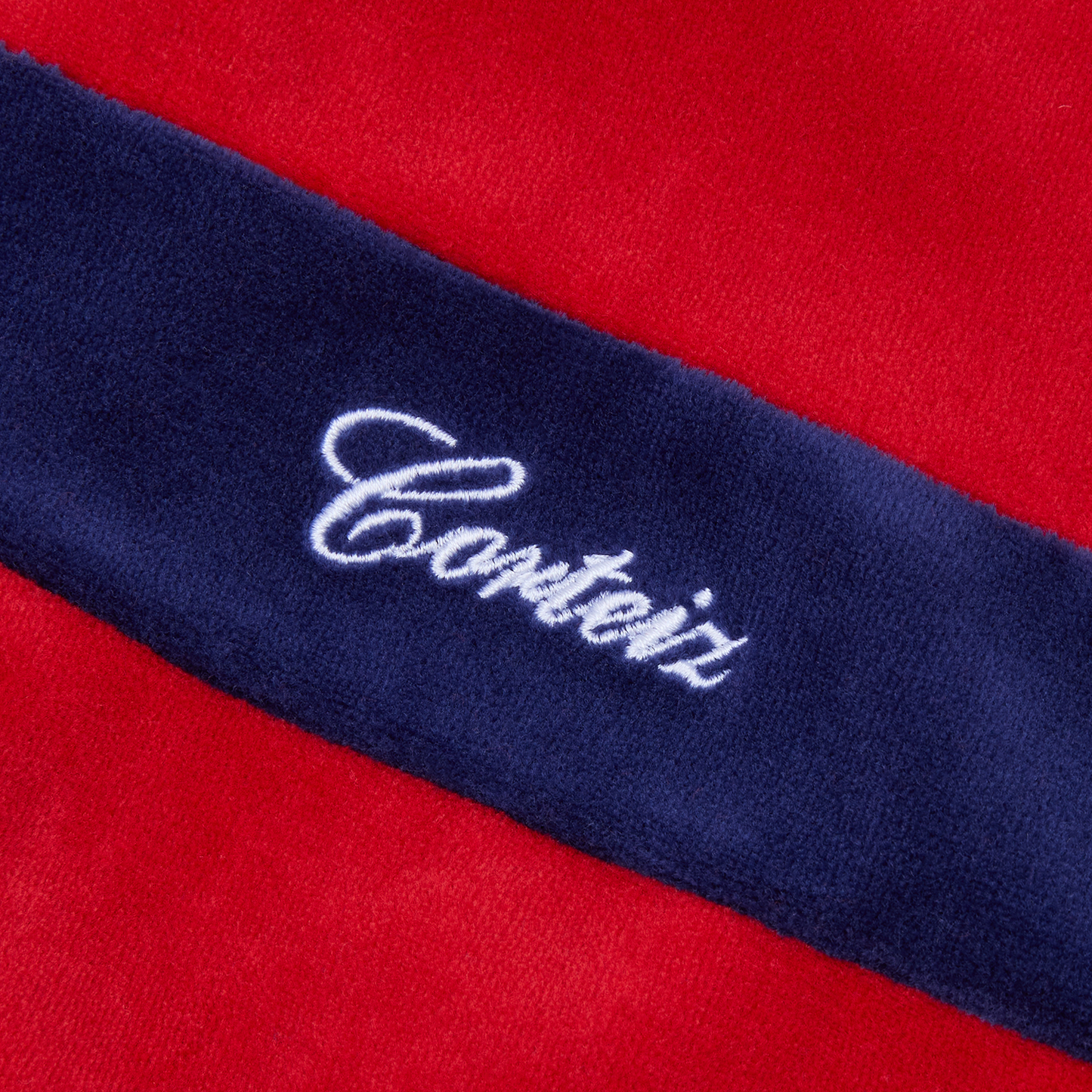 Corteiz Blue Cotton Velour Pista Track Jacket, Navy/Red, close-up of ribbed collar detail