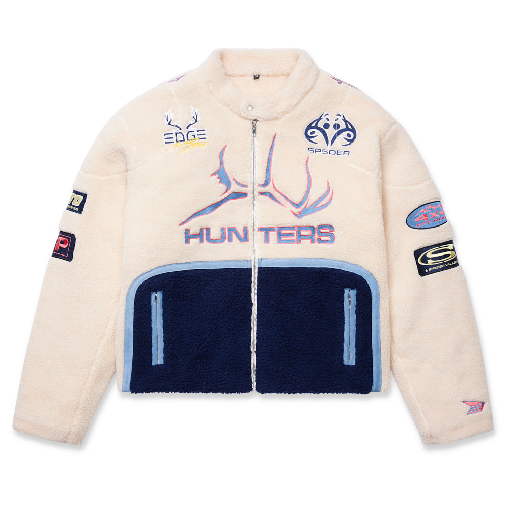 Front view of SP5DER Sherpa Hunter Moto Jacket in Beige