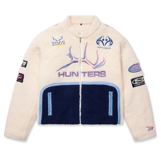 Front view of SP5DER Sherpa Hunter Moto Jacket in Beige