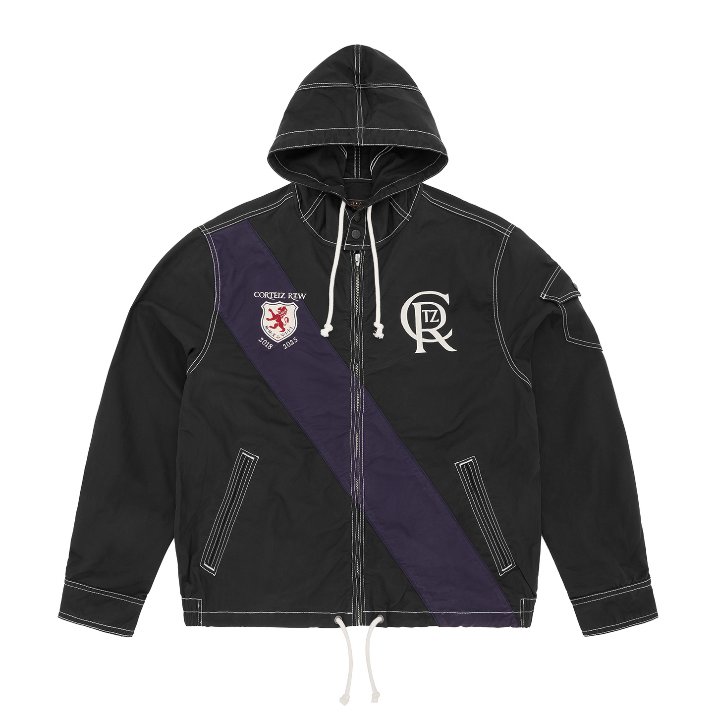 Corteiz Black Cotton Poly Shield Crest Twill Jacket, front view showing Shield and Crest embroidery