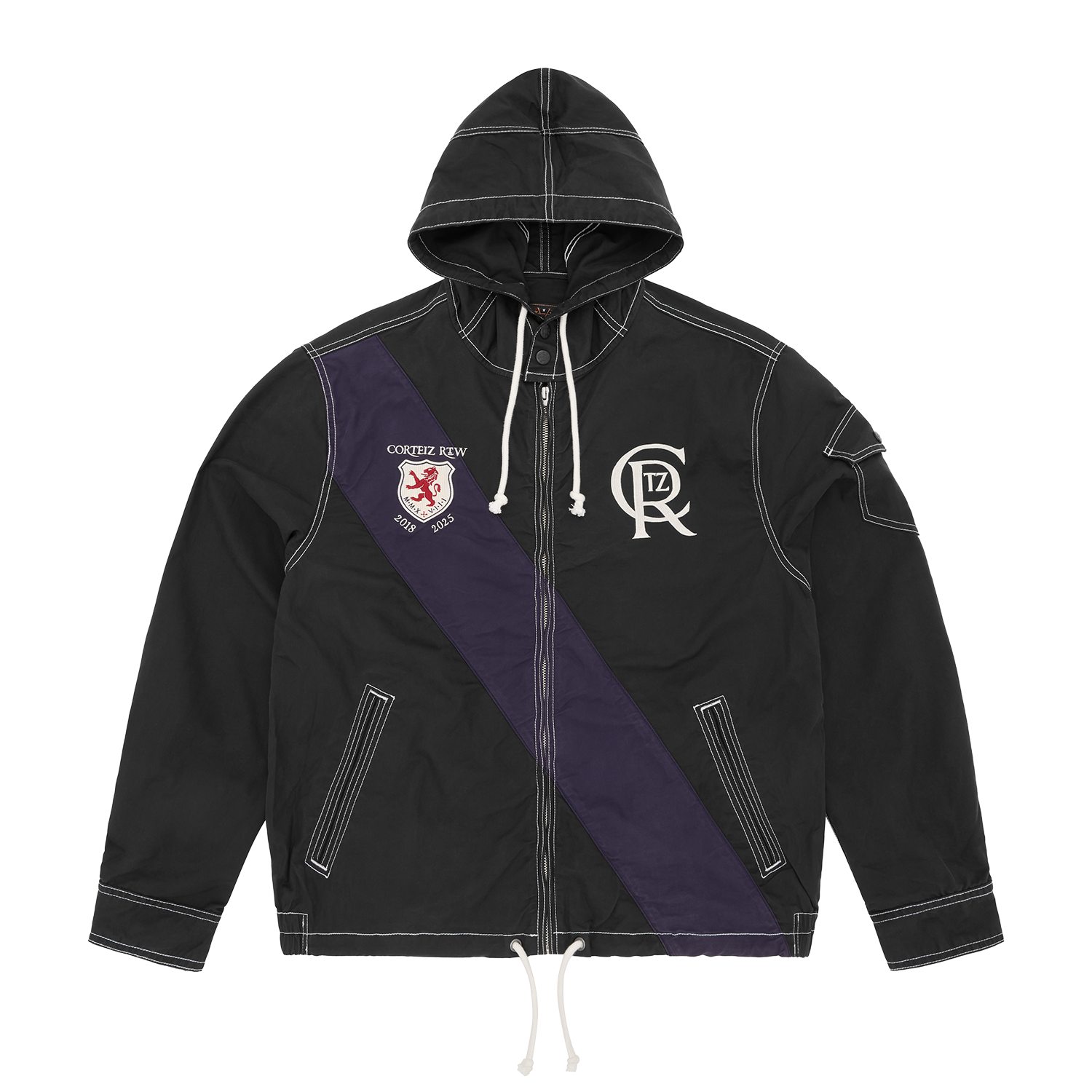 Corteiz Black Cotton Poly Shield Crest Twill Jacket, front view showing Shield and Crest embroidery