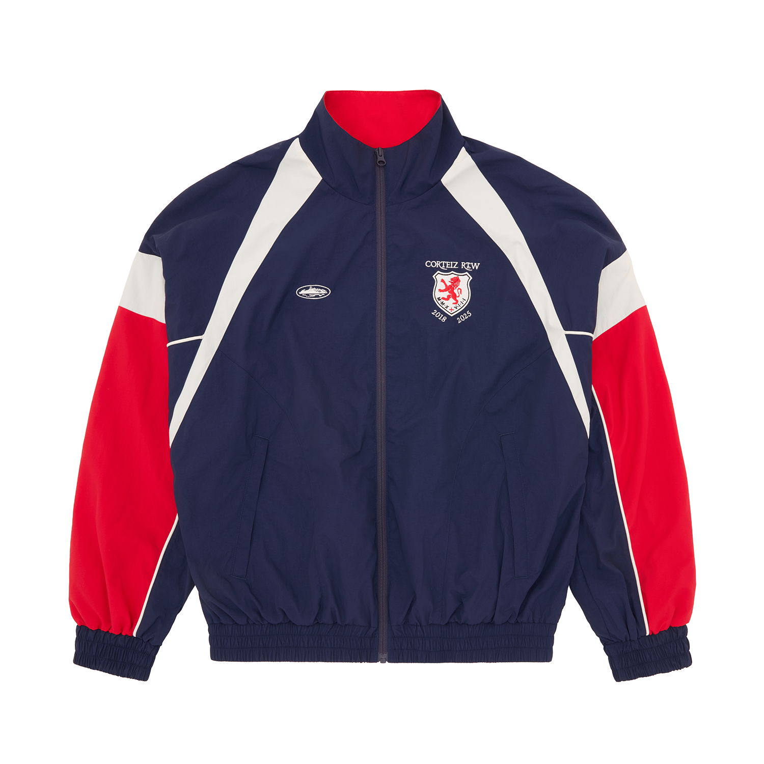 Corteiz Blue Nylon Shield Shuku Jacket, Navy, front view showing Shield and Alcatraz embroidery