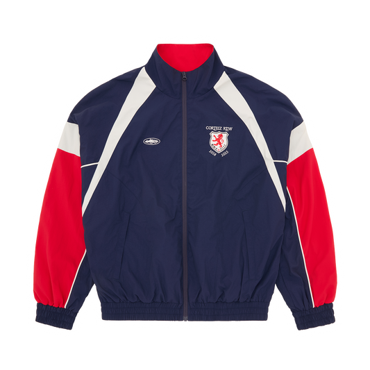 Corteiz Blue Nylon Shield Shuku Jacket, Navy, front view showing Shield and Alcatraz embroidery