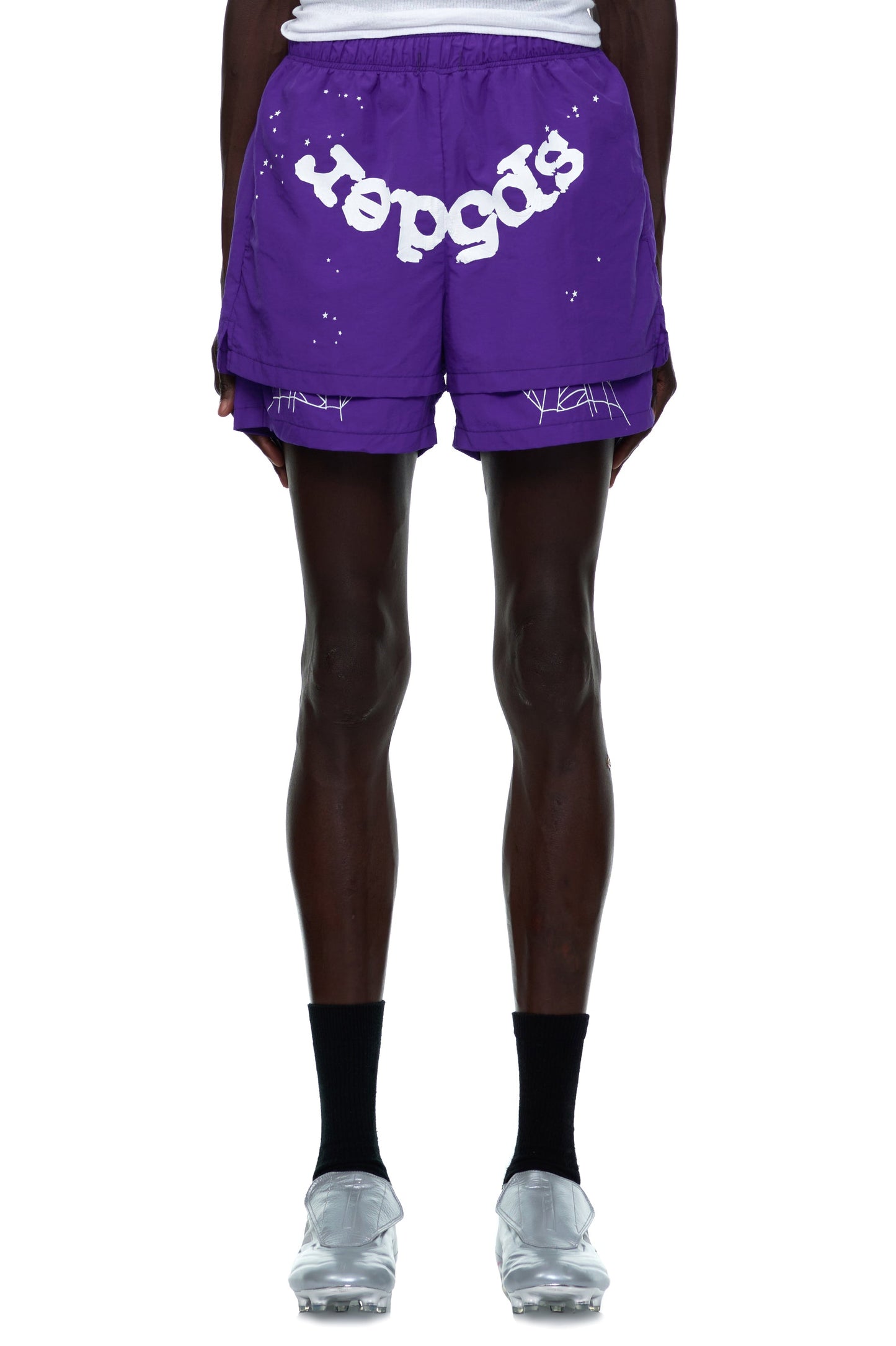 Side view of SP5DER Grape Logo Short in Purple