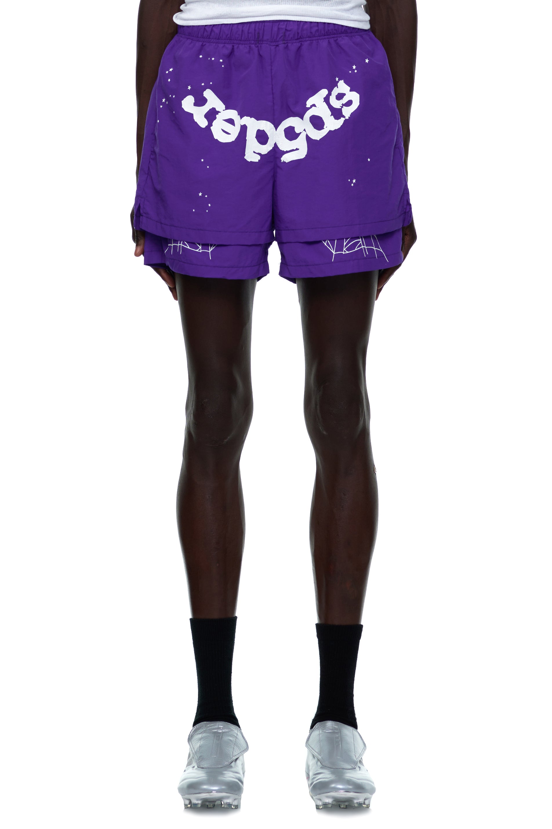 Side view of SP5DER Grape Logo Short in Purple