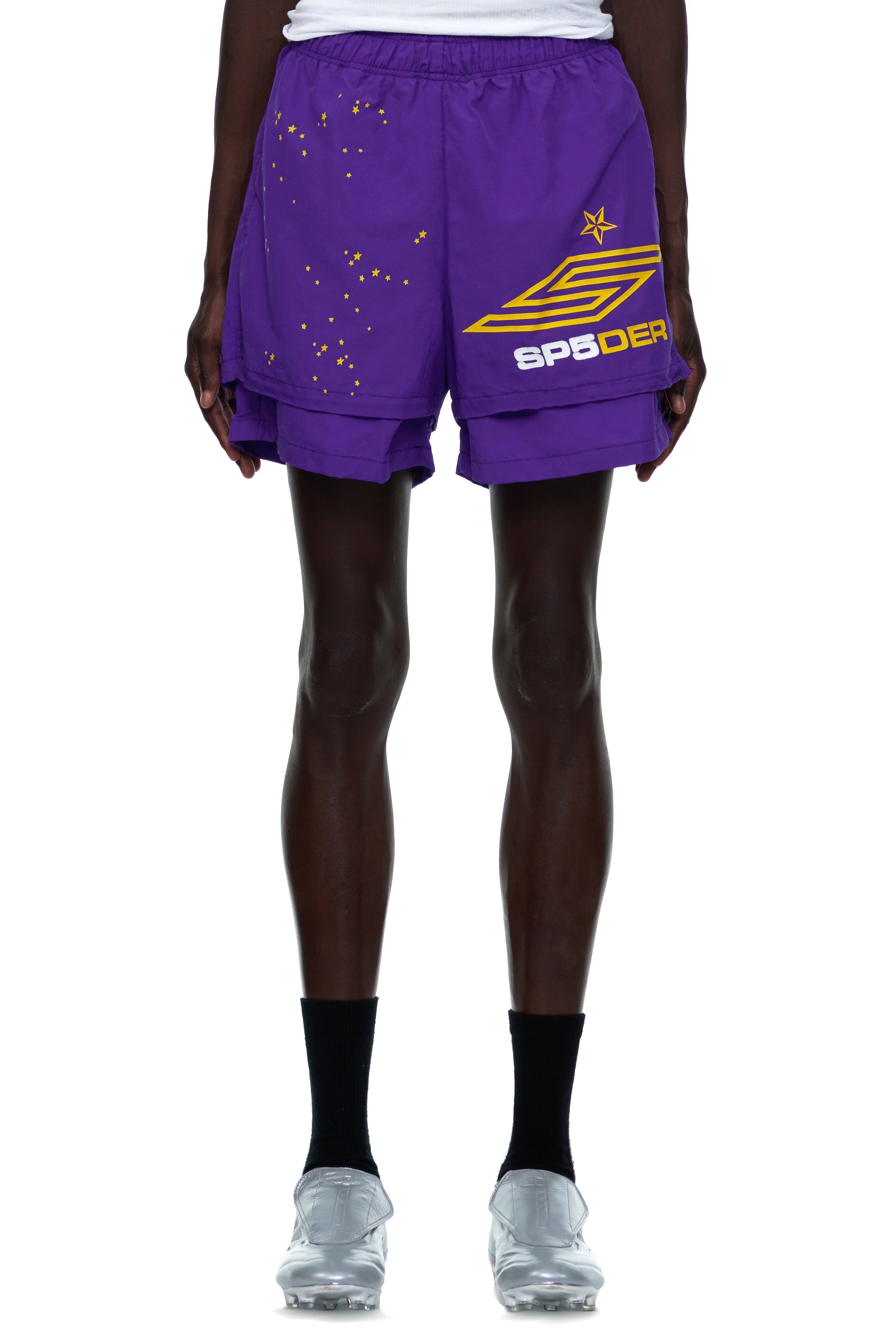 Detail view of logo and star print on SP5DER Grape SP5 Pro Short in Purple