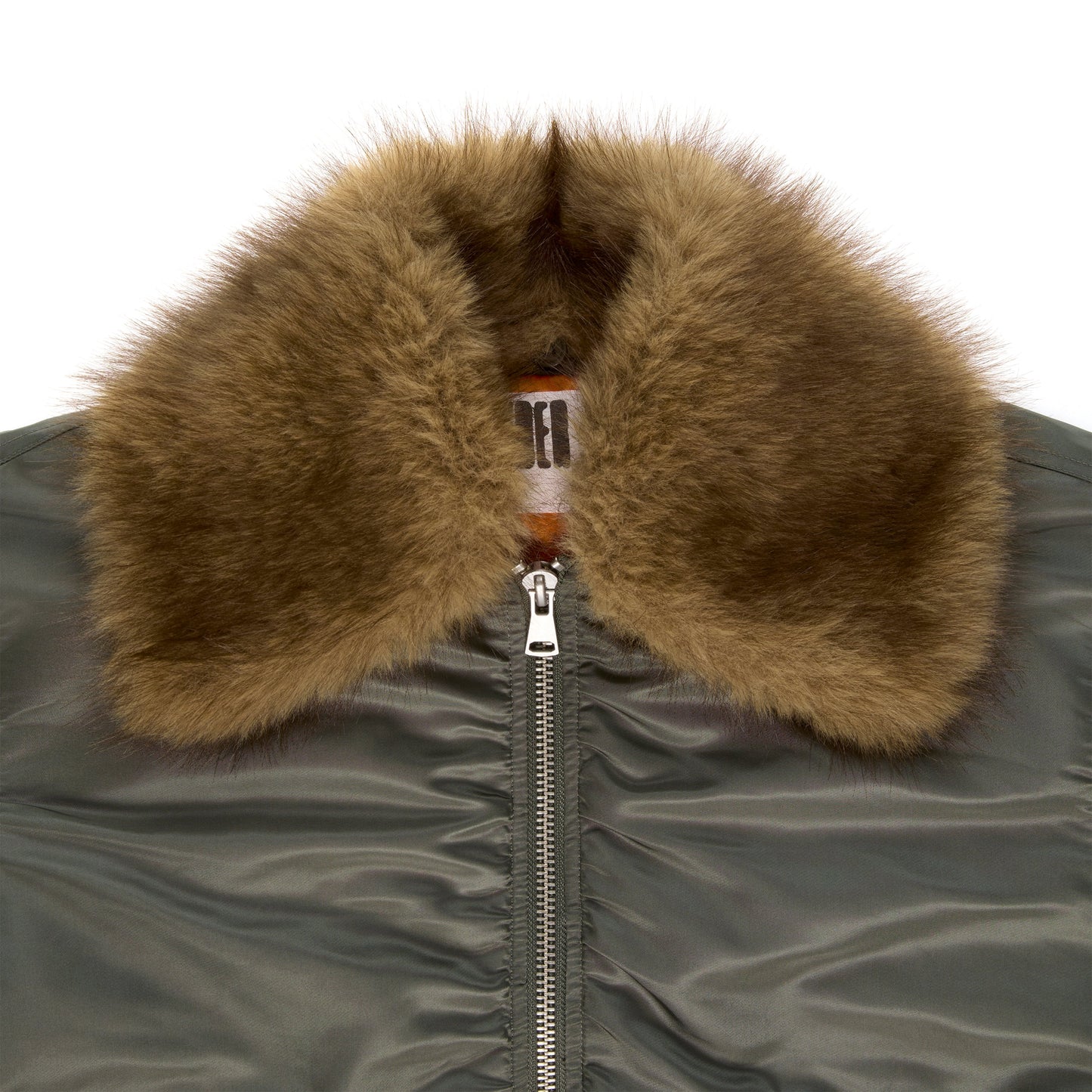 Detail view of faux fur collar on SP5DER Flight Jacket in Army Green