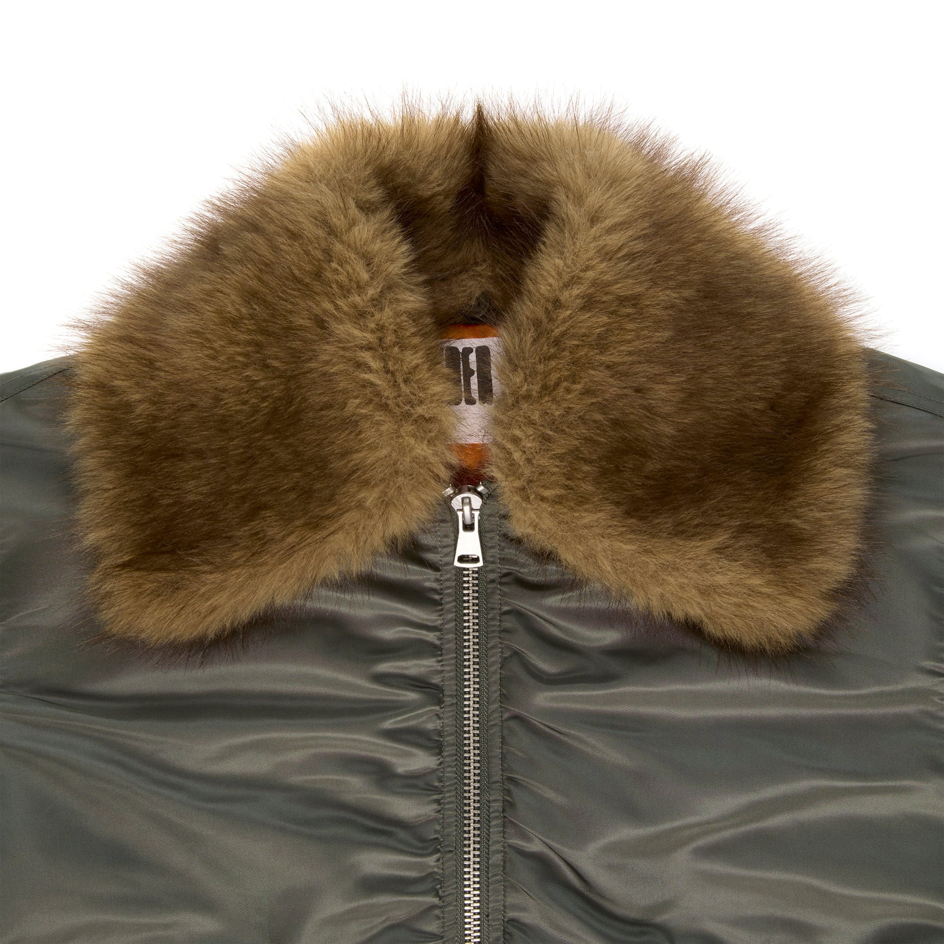 Detail view of faux fur collar on SP5DER Flight Jacket in Army Green