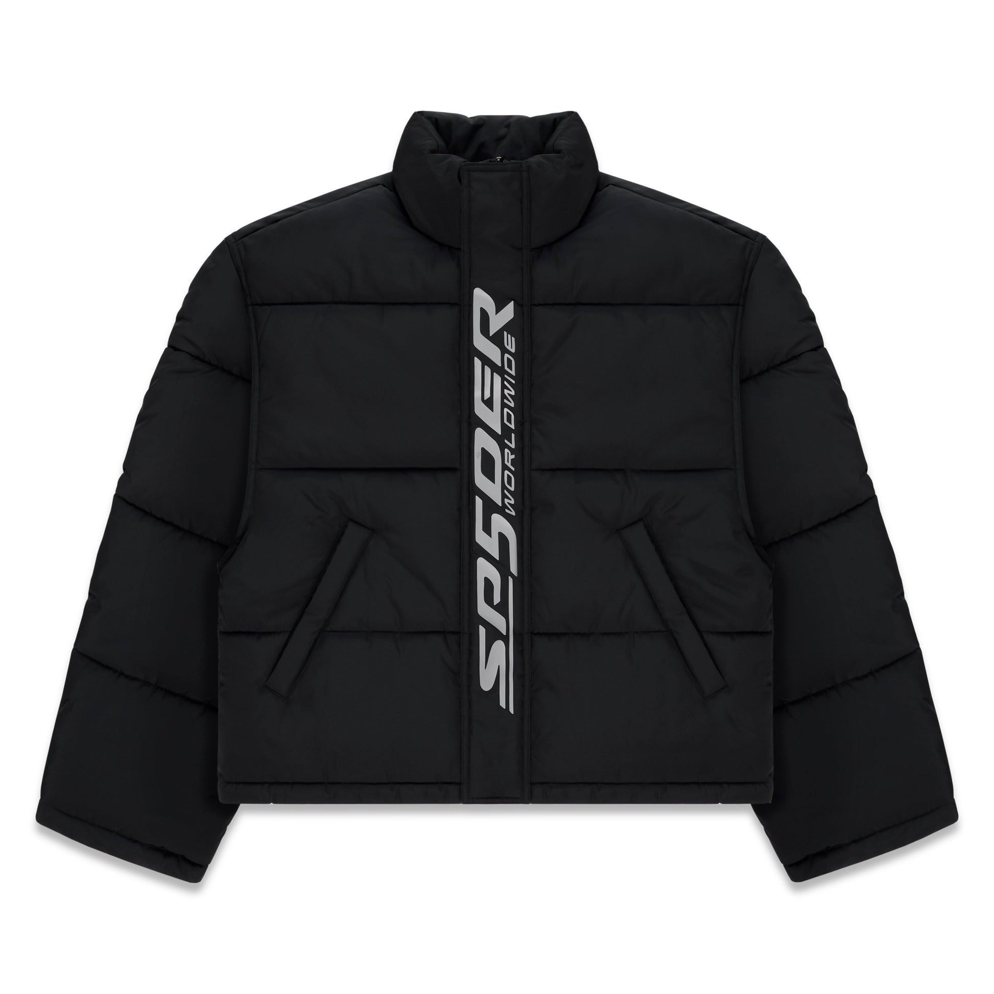Front view of SP5DER Trackhawk Puffer Jacket in Black