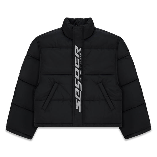 Front view of SP5DER Trackhawk Puffer Jacket in Black