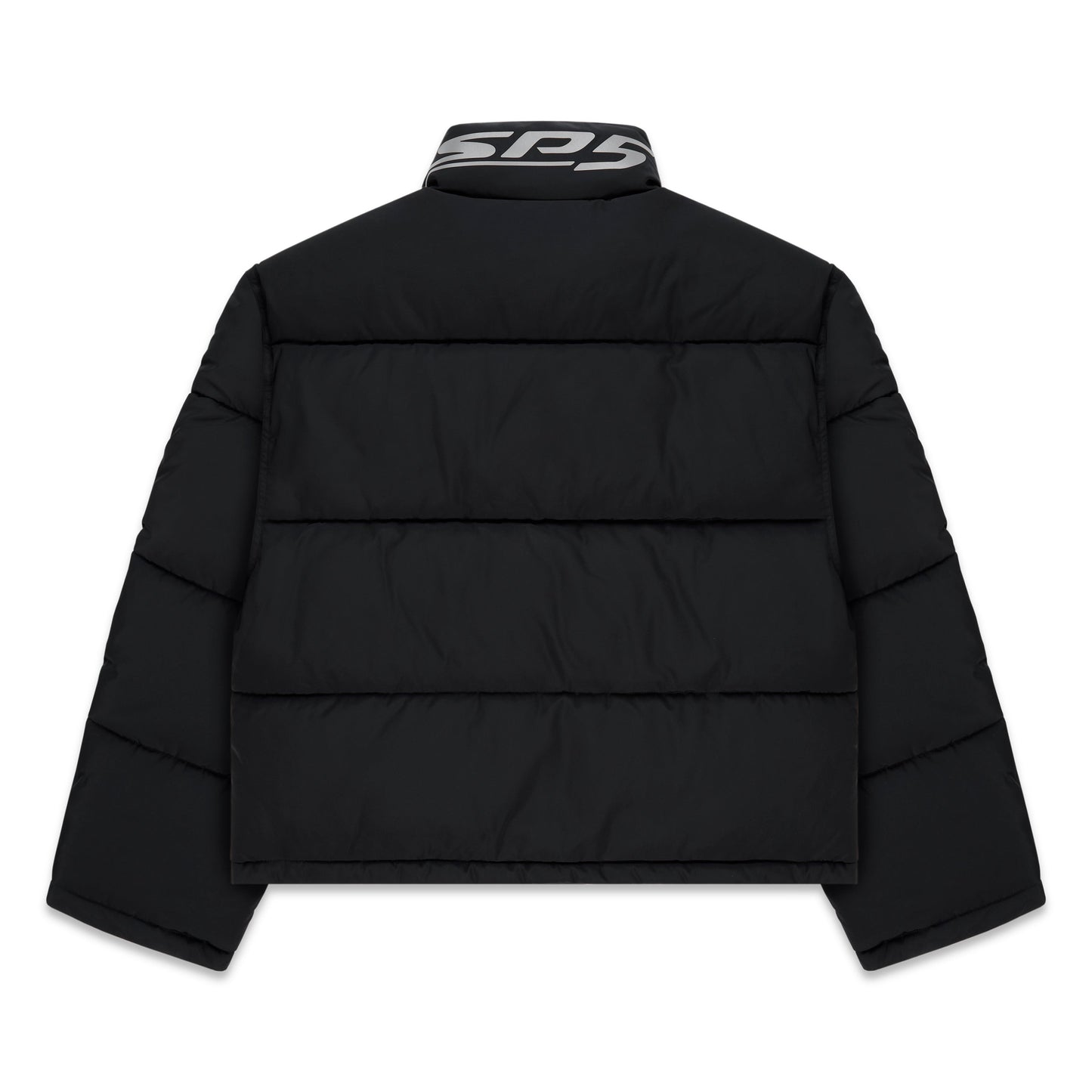 Back view of SP5DER Trackhawk Puffer Jacket in Black