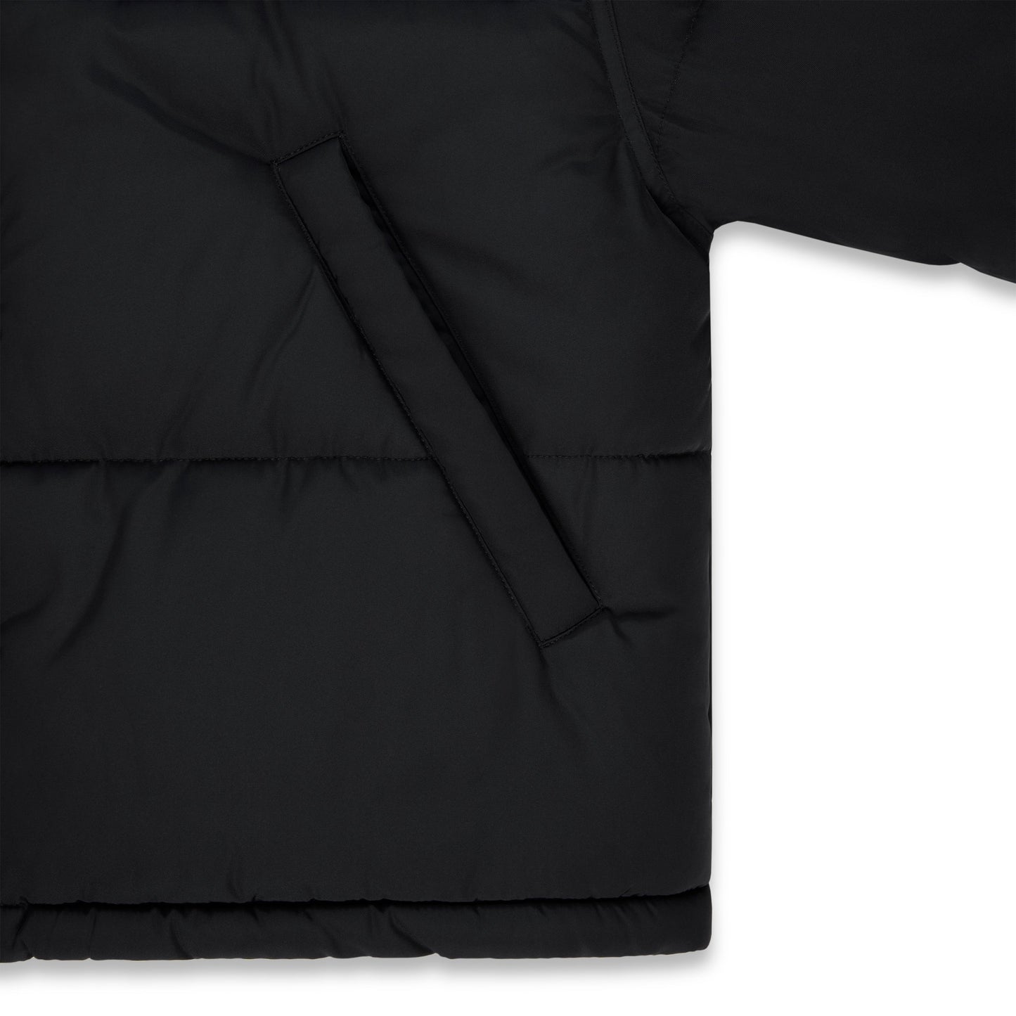 Detail view of reflective graphic at back collar on SP5DER Trackhawk Puffer Jacket in Black