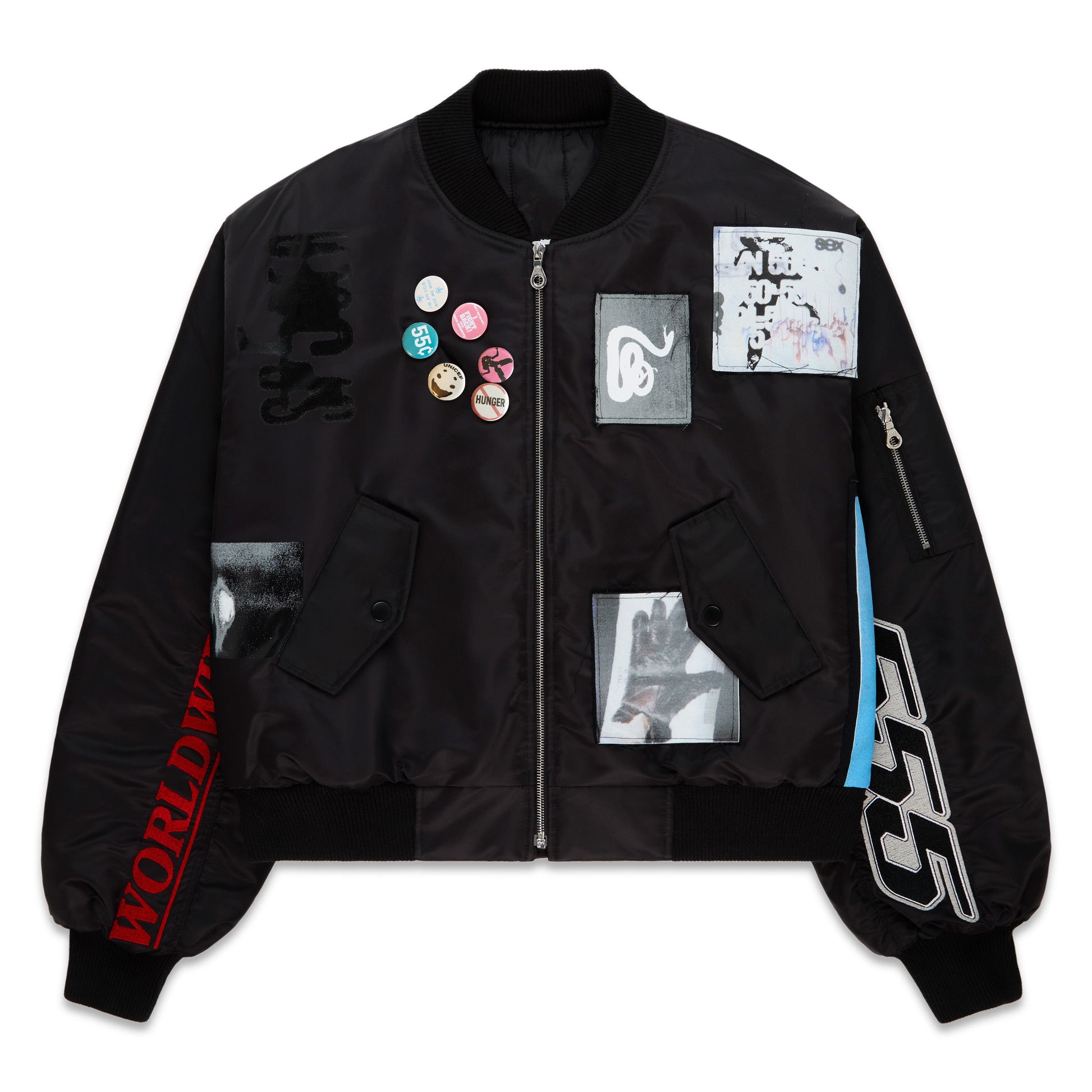 Front view of SP5DER Vet Bomber Jacket in Black