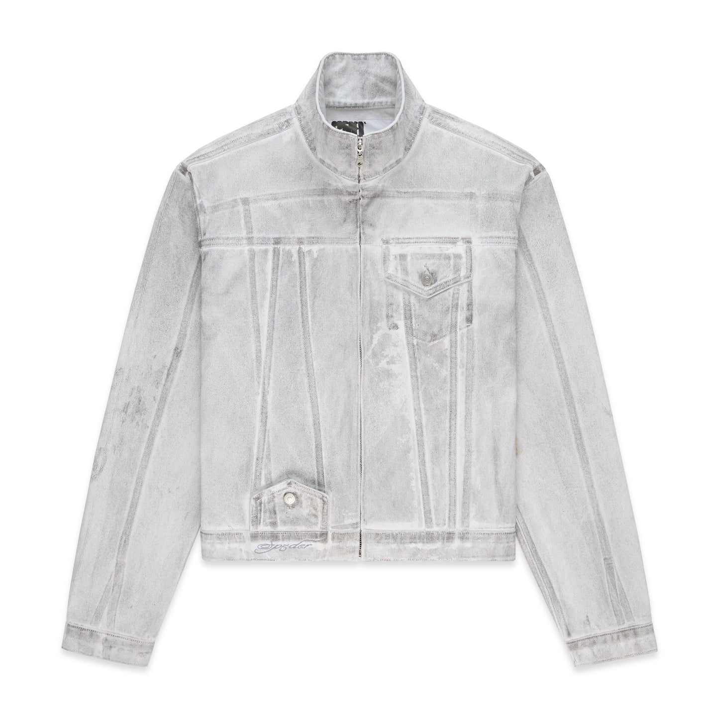 Front view of SP5DER Platinum Trucker Jacket in Grey