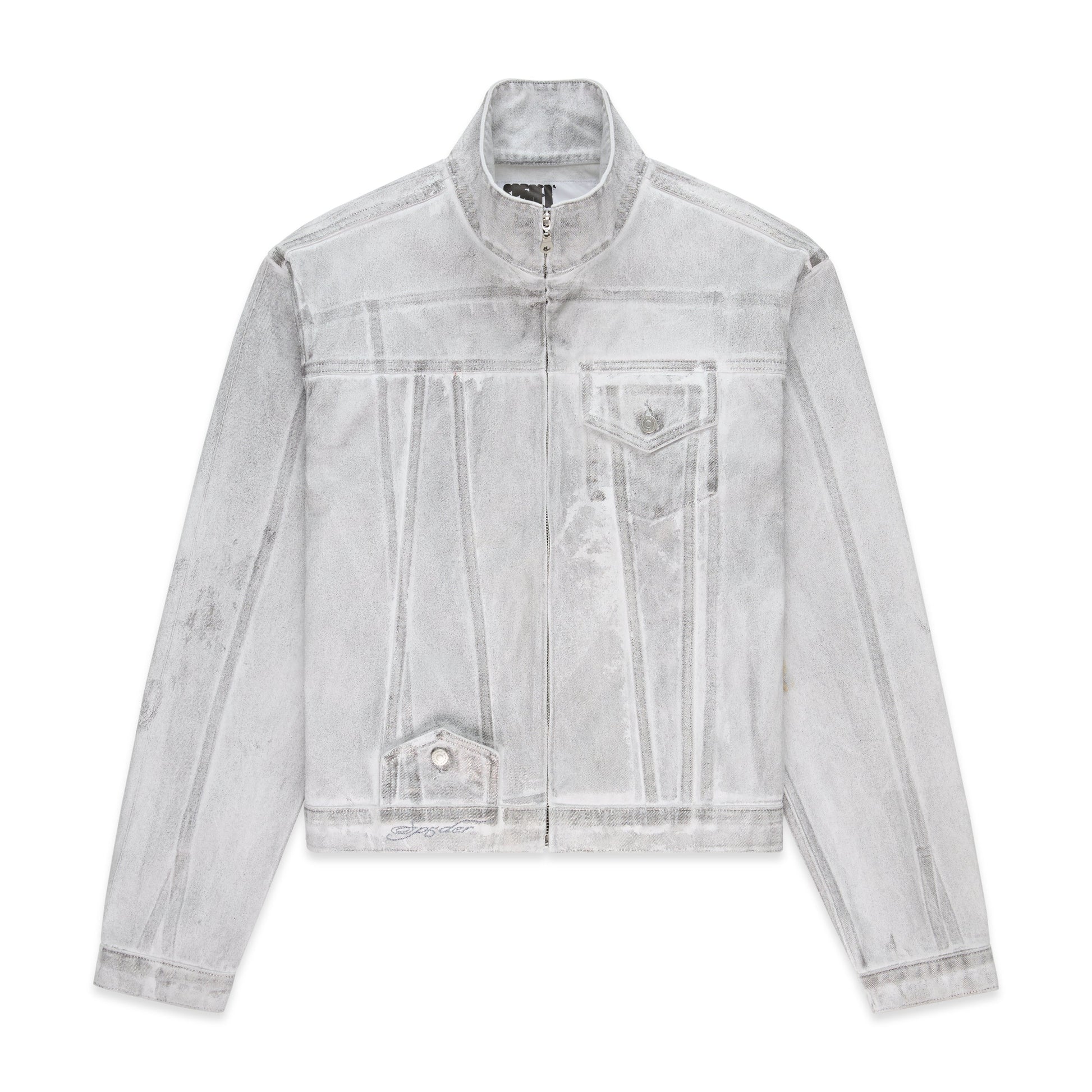 Front view of SP5DER Platinum Trucker Jacket in Grey