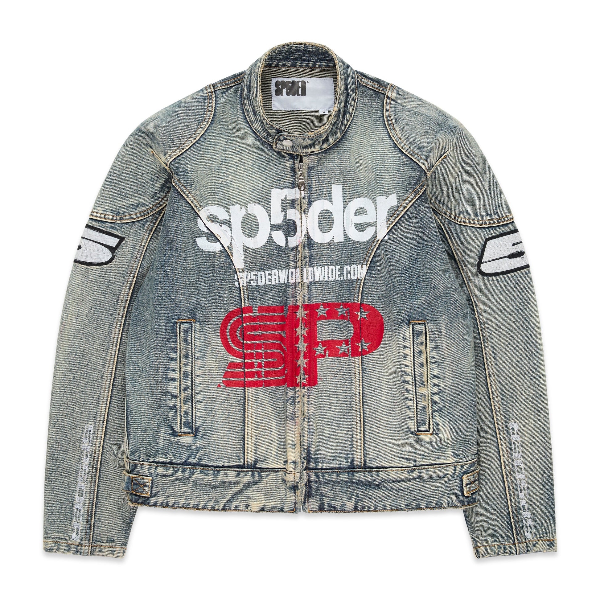 Front view of SP5DER Motorsport Denim Jacket in Indigo