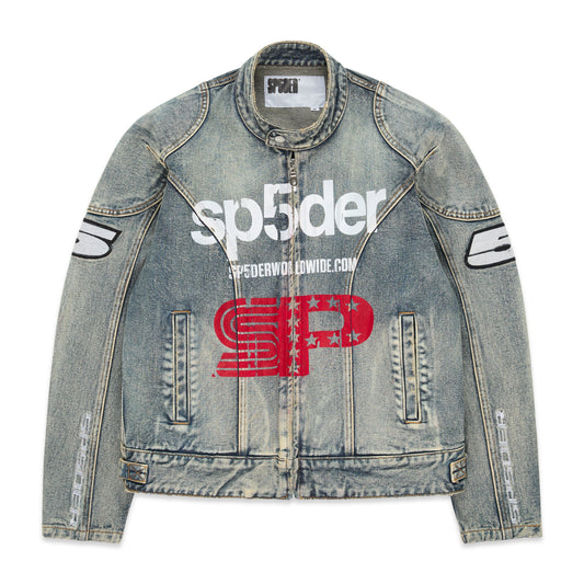 Front view of SP5DER Motorsport Denim Jacket in Indigo