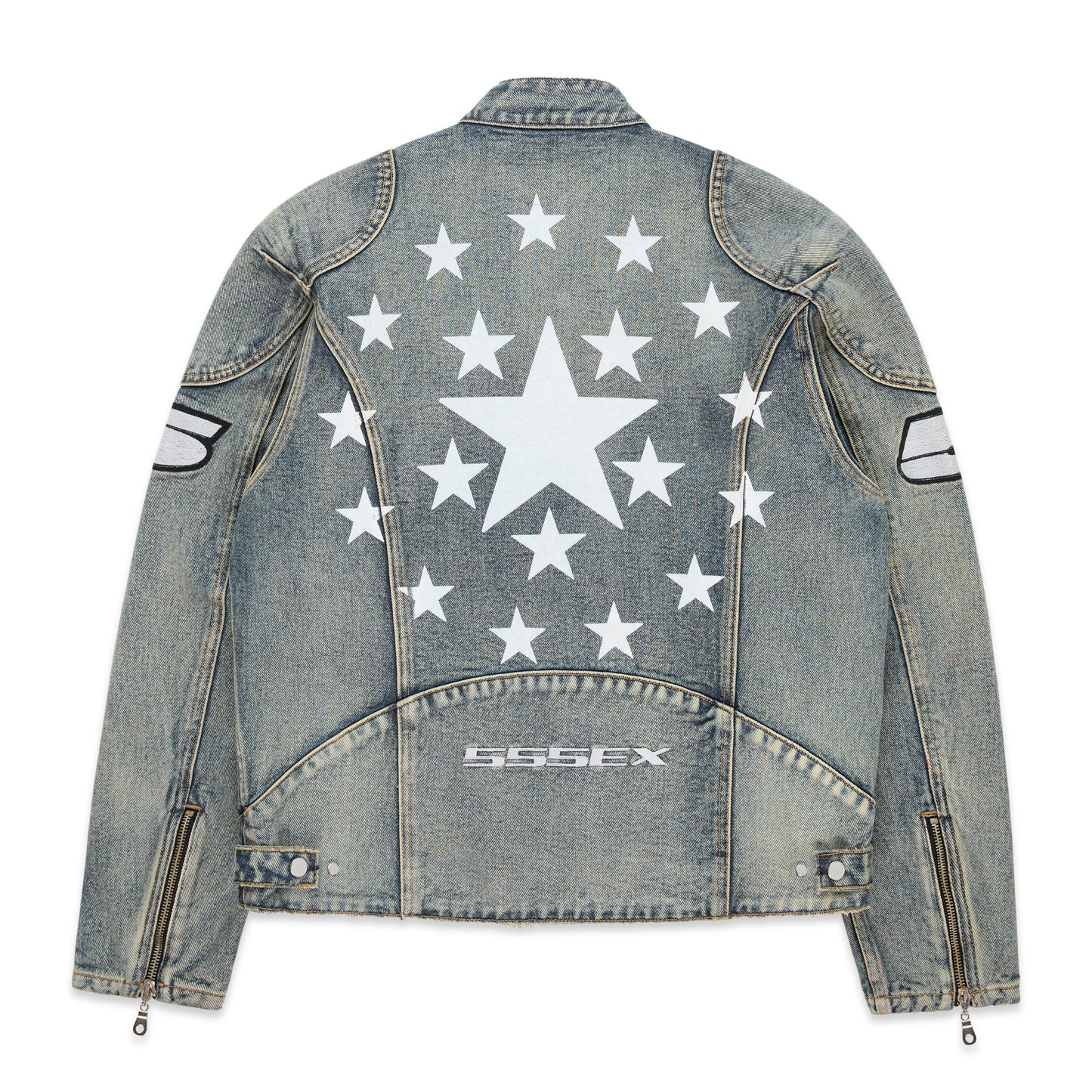 Back view of SP5DER Motorsport Denim Jacket in Indigo