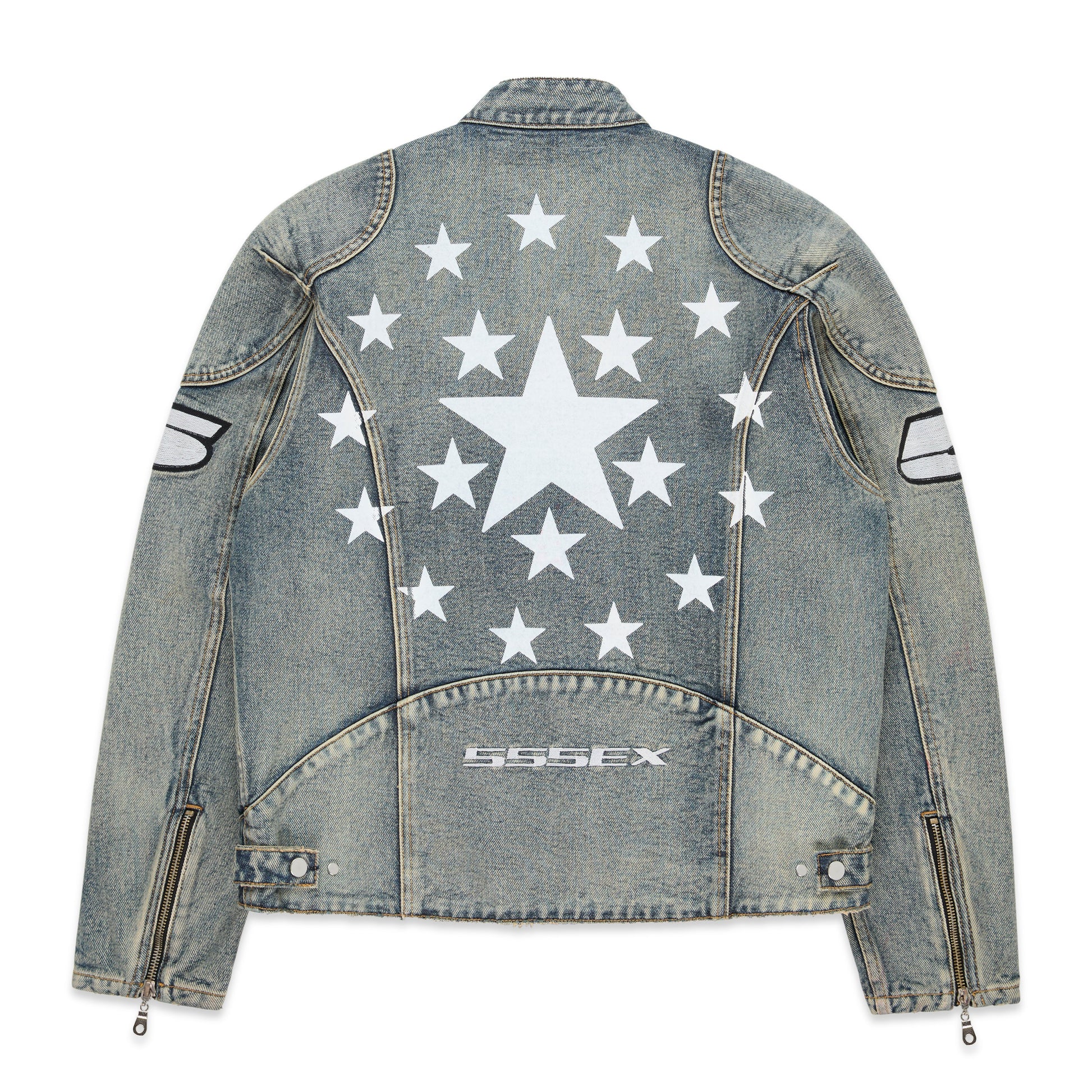 Back view of SP5DER Motorsport Denim Jacket in Indigo
