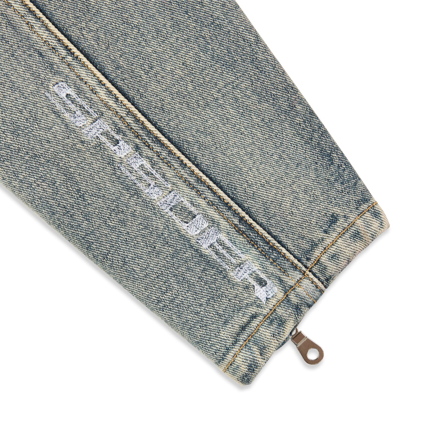 Full look back view of SP5DER Motorsport Denim Jacket in Indigo