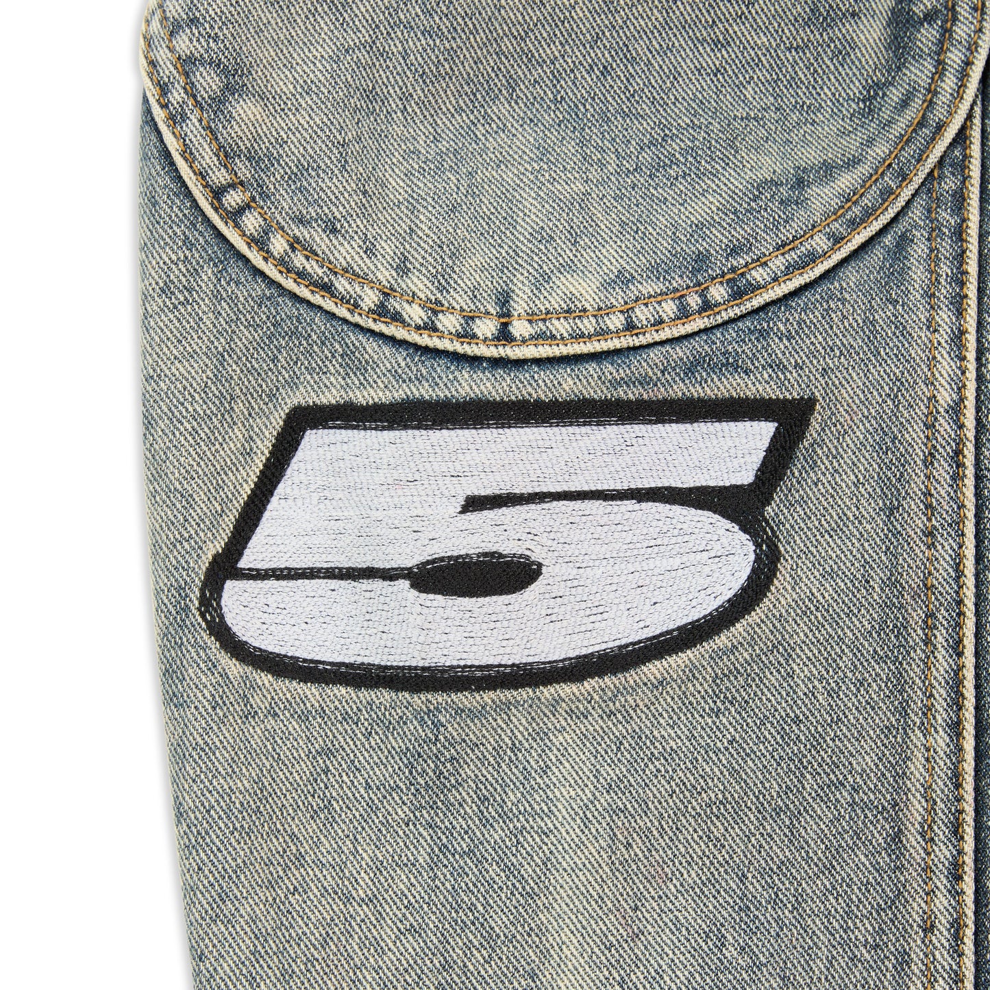 Full look front view of SP5DER Motorsport Denim Jacket in Indigo