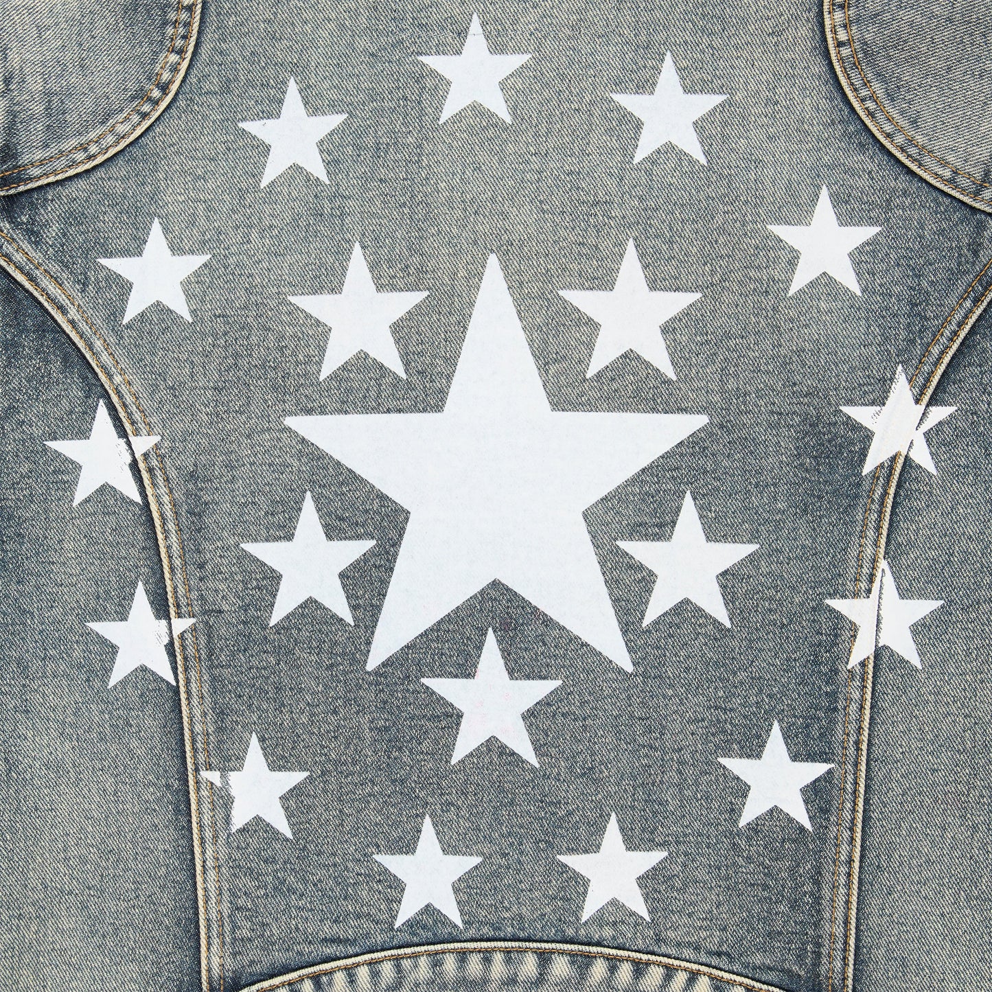 Detail view of arm patches on Motorsport Denim Jacket in Indigo