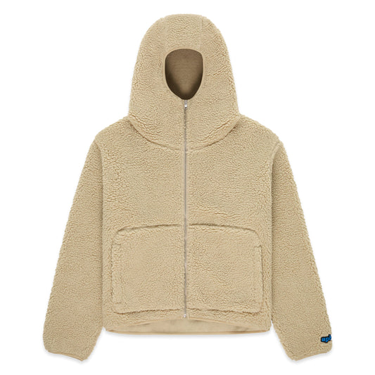 Front view of SP5DER Teddy Fleece Zip-Up in Brown