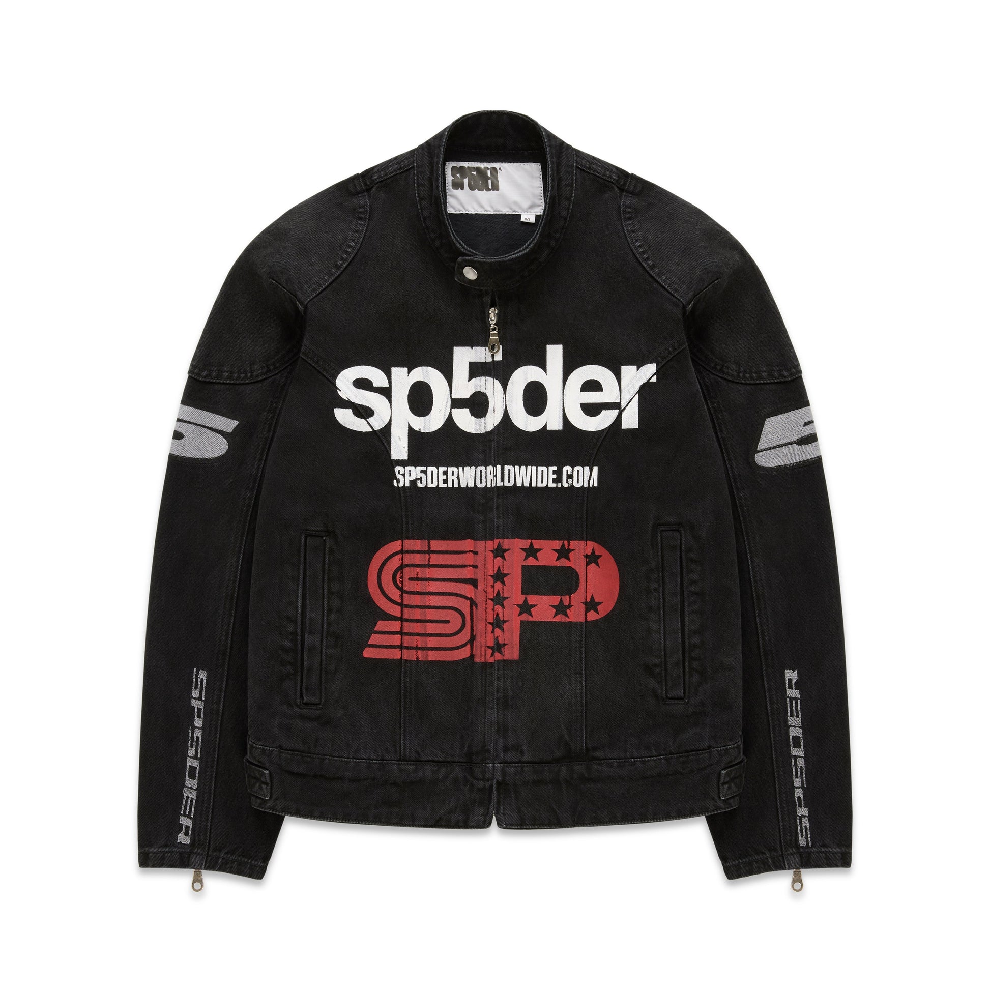 Front view of SP5DER Motorsport Denim Jacket in Black