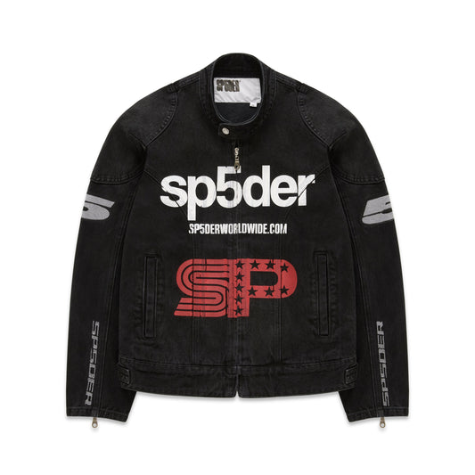 Front view of SP5DER Motorsport Denim Jacket in Black