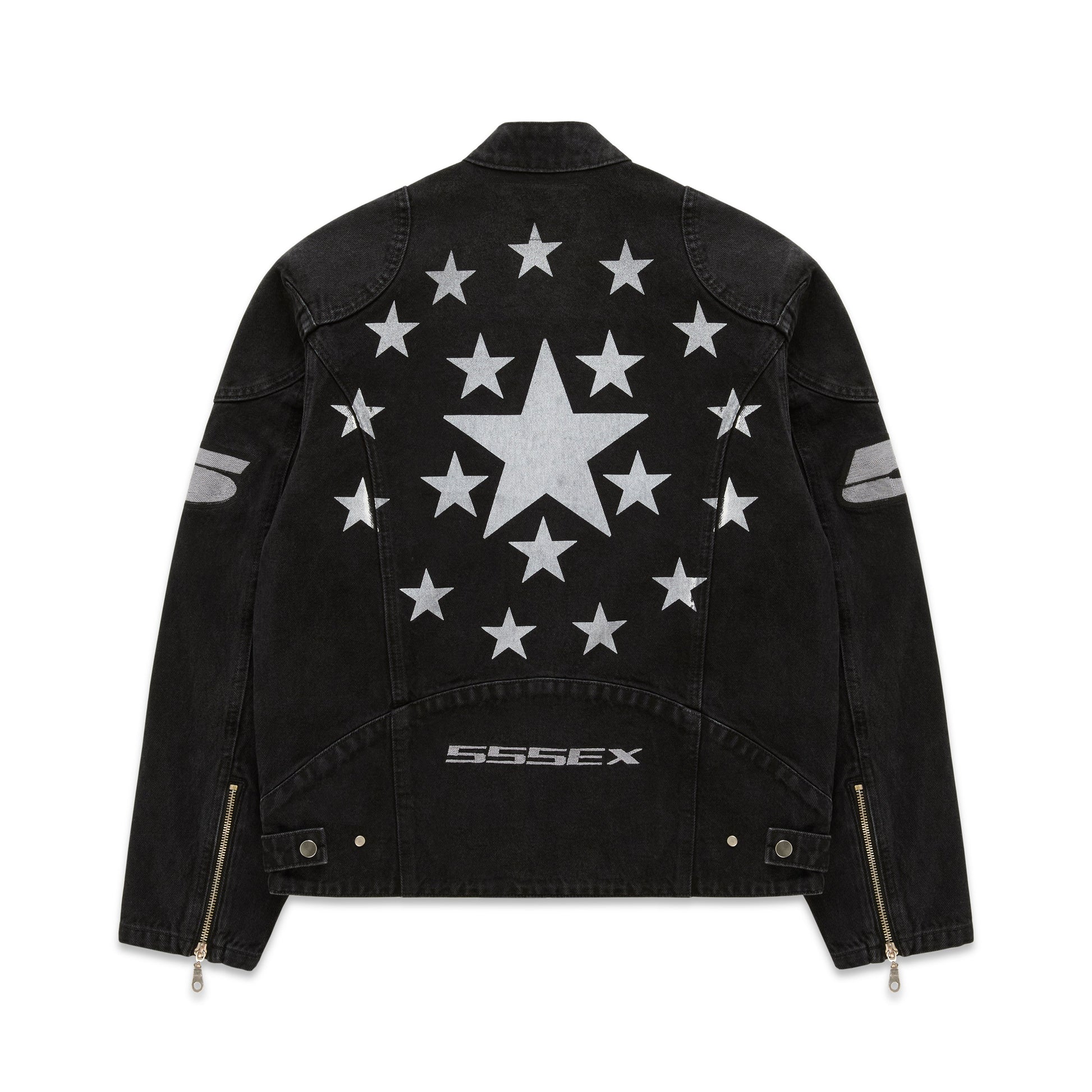Back view of SP5DER Motorsport Denim Jacket in Black