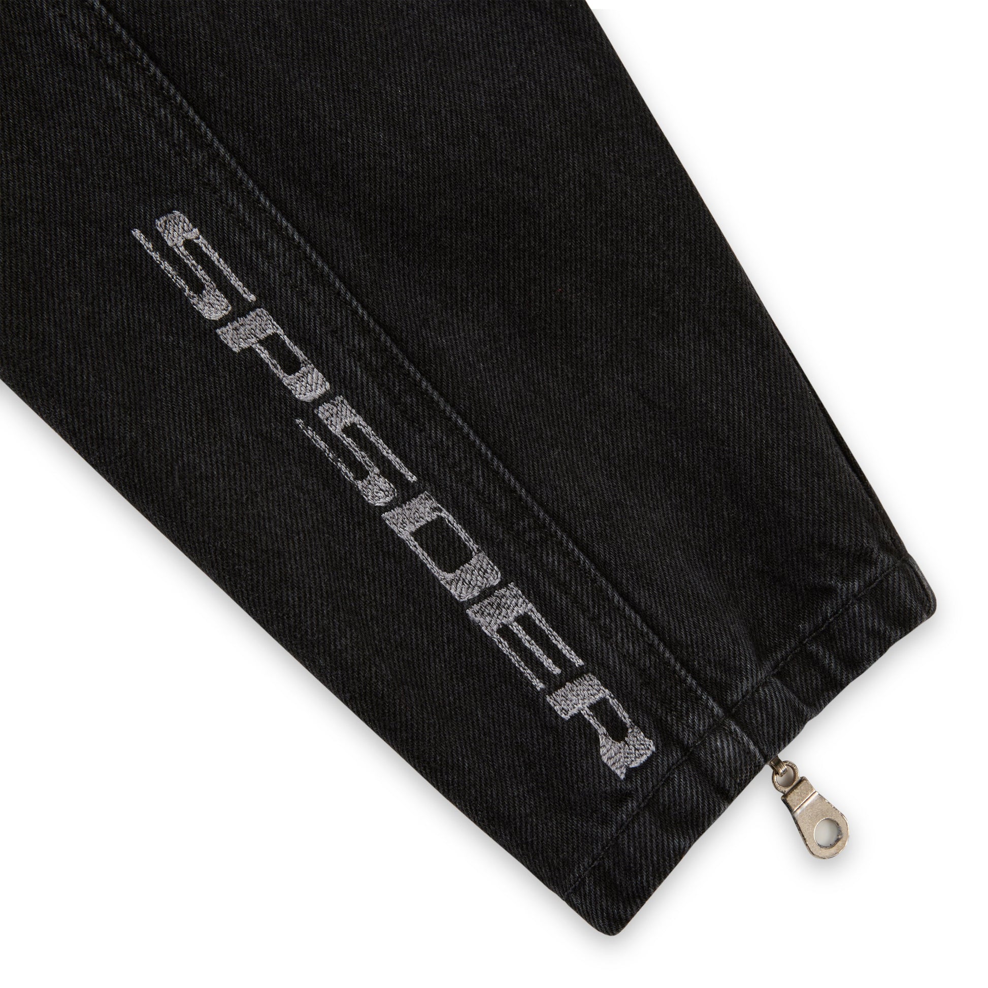 Detail view of arm patches on Motorsport Denim Jacket in Black
