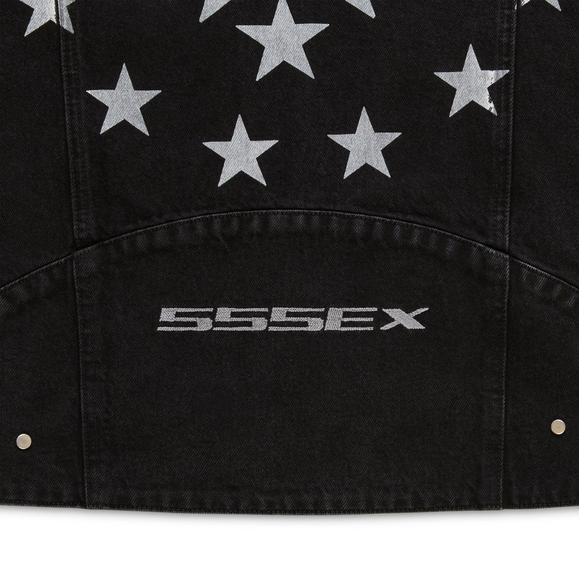 Full look front view of SP5DER Motorsport Denim Jacket in Black