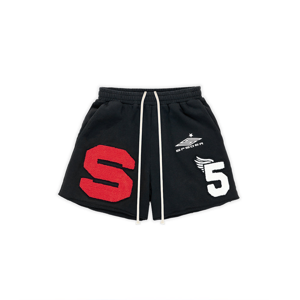 Front view of SP5DER Cut Sweatshort in Black