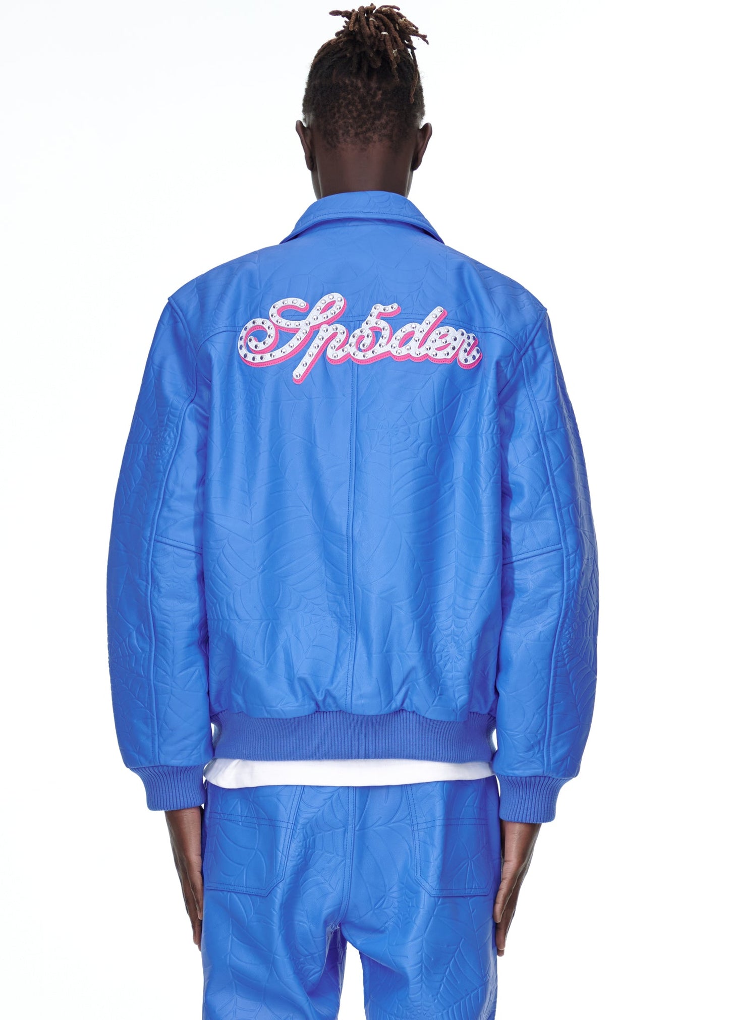 Close-up view of collar on SP5DER Debossed Web Leather Jacket in Blue