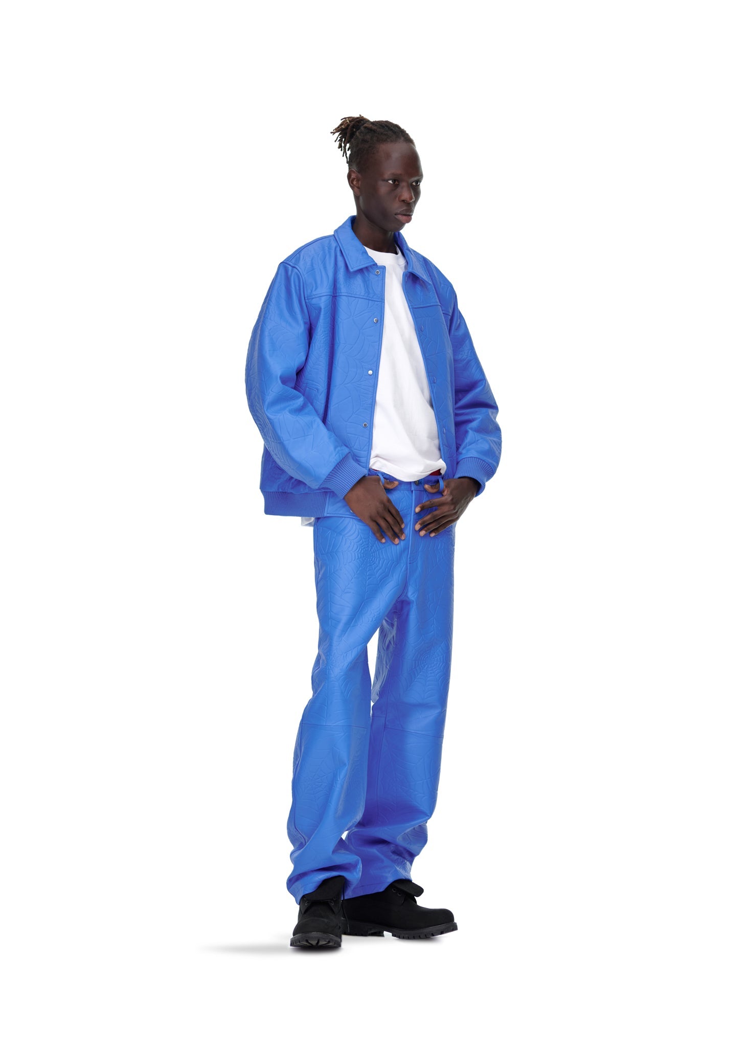 Full look view of SP5DER Debossed Web Leather Jacket in Blue