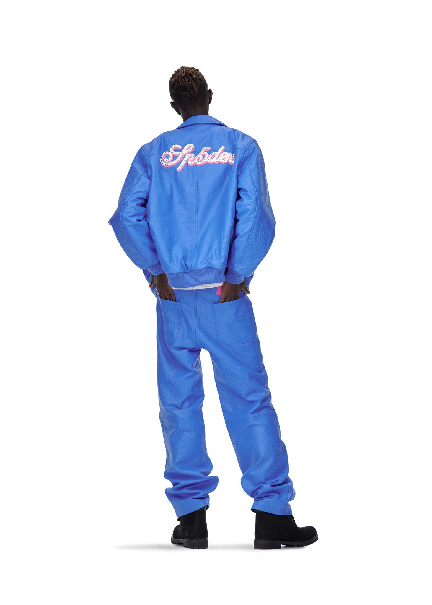 Styled full look view of SP5DER Debossed Web Leather Jacket in Blue