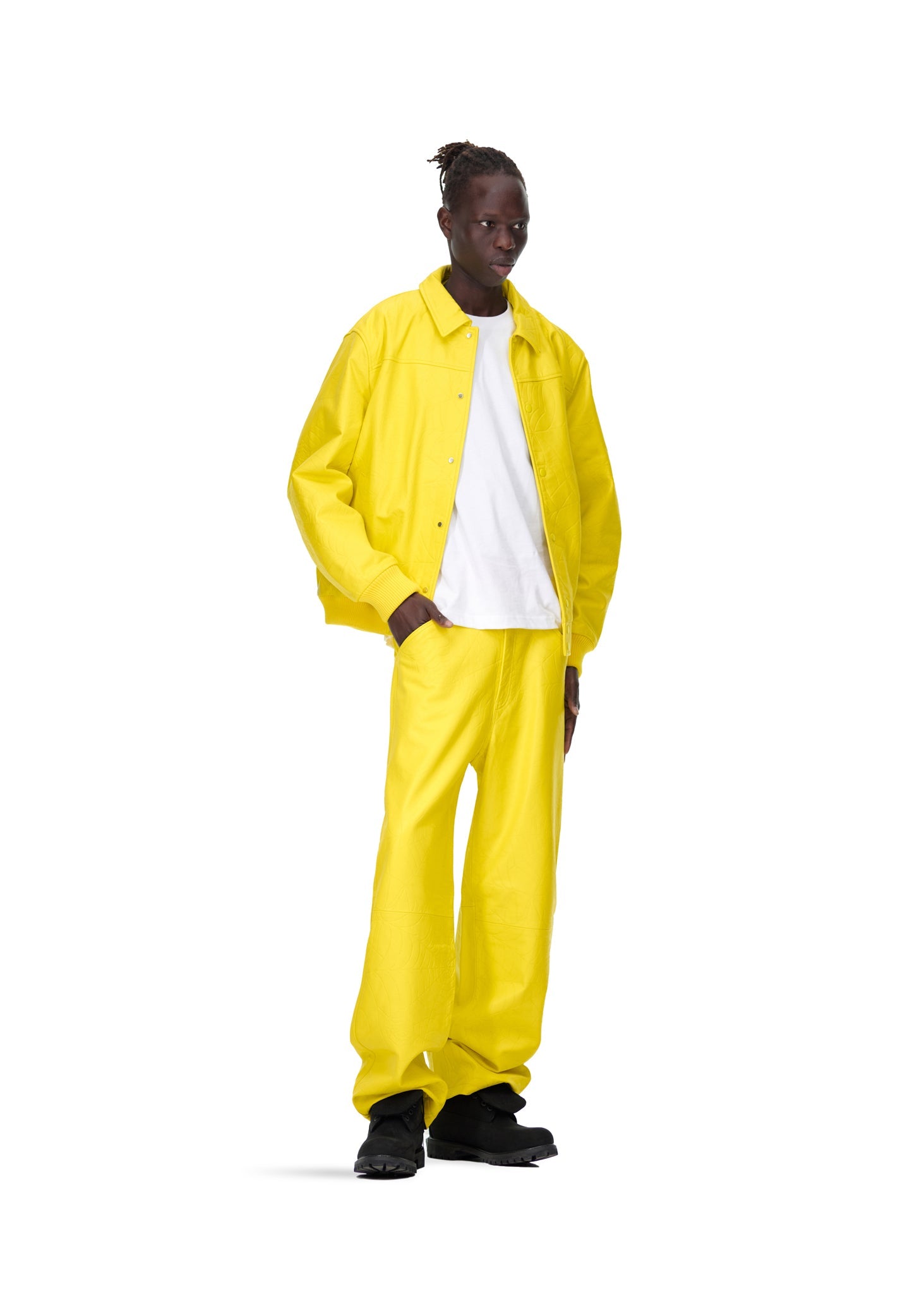 Full look view of SP5DER Debossed Web Leather Jacket in Yellow