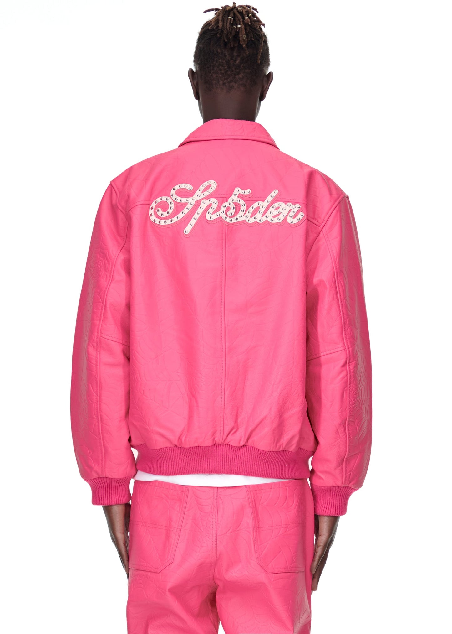 Close-up view of collar on SP5DER Debossed Web Leather Jacket in Pink