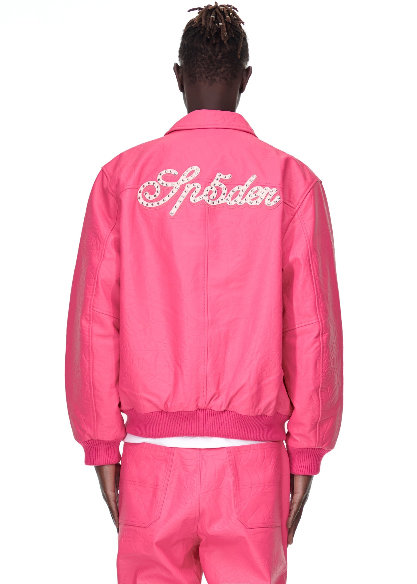 Close-up view of collar on SP5DER Debossed Web Leather Jacket in Pink