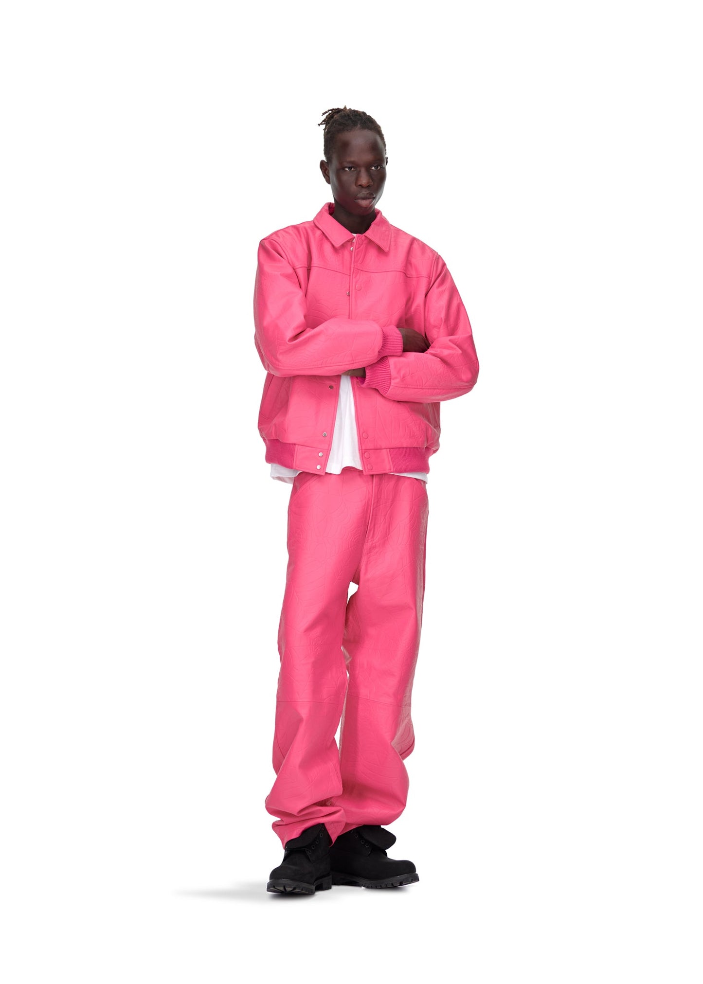 Full look view of SP5DER Debossed Web Leather Jacket in Pink