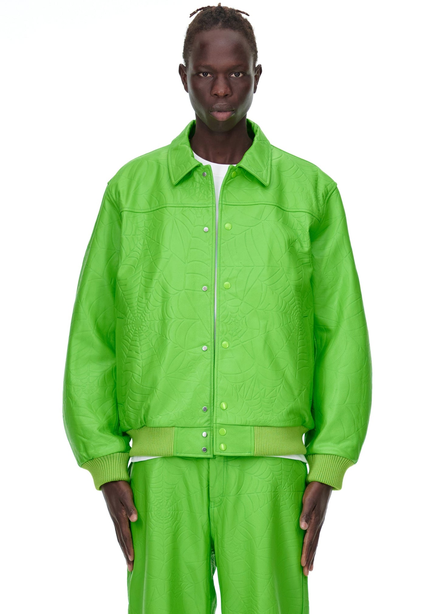 Additional angle view of SP5DER Debossed Web Leather Jacket in Green