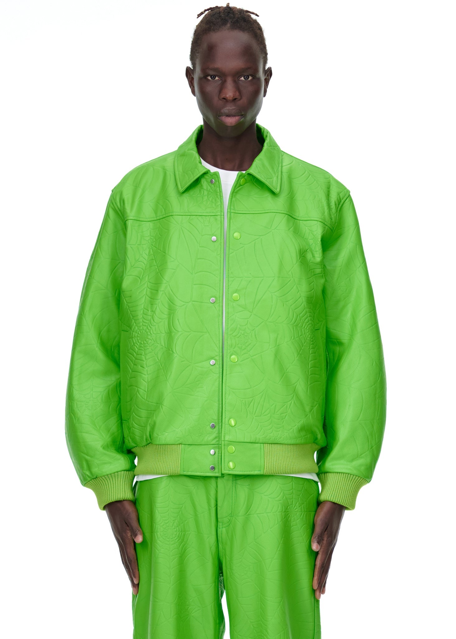 Additional angle view of SP5DER Debossed Web Leather Jacket in Green