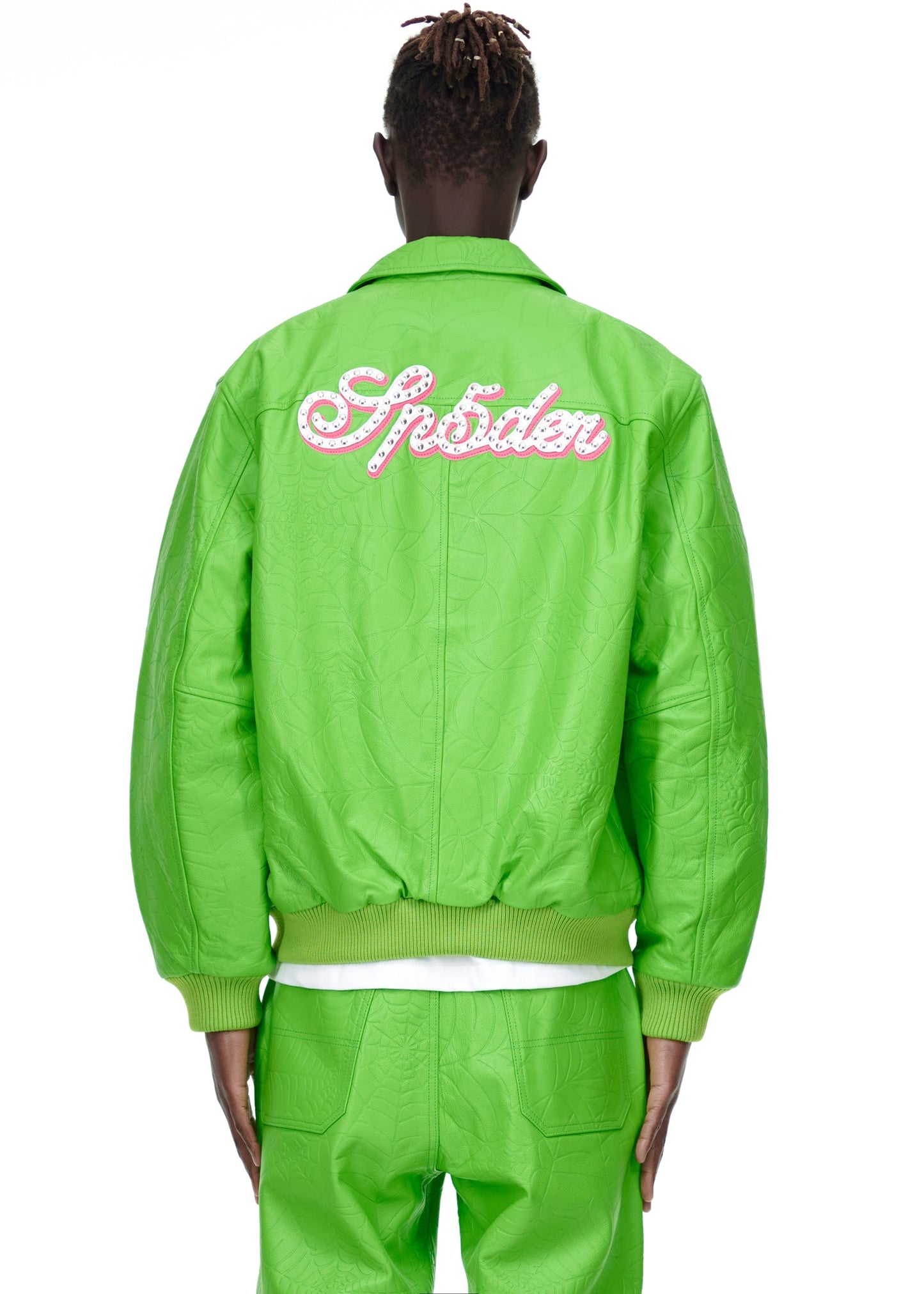 Close-up view of collar on SP5DER Debossed Web Leather Jacket in Green