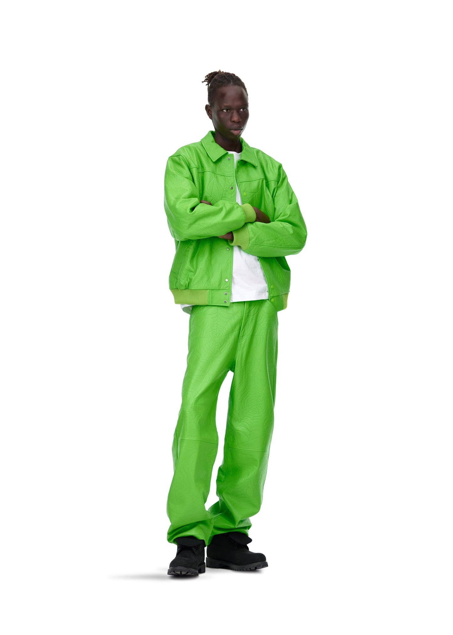 Full look view of SP5DER Debossed Web Leather Jacket in Green