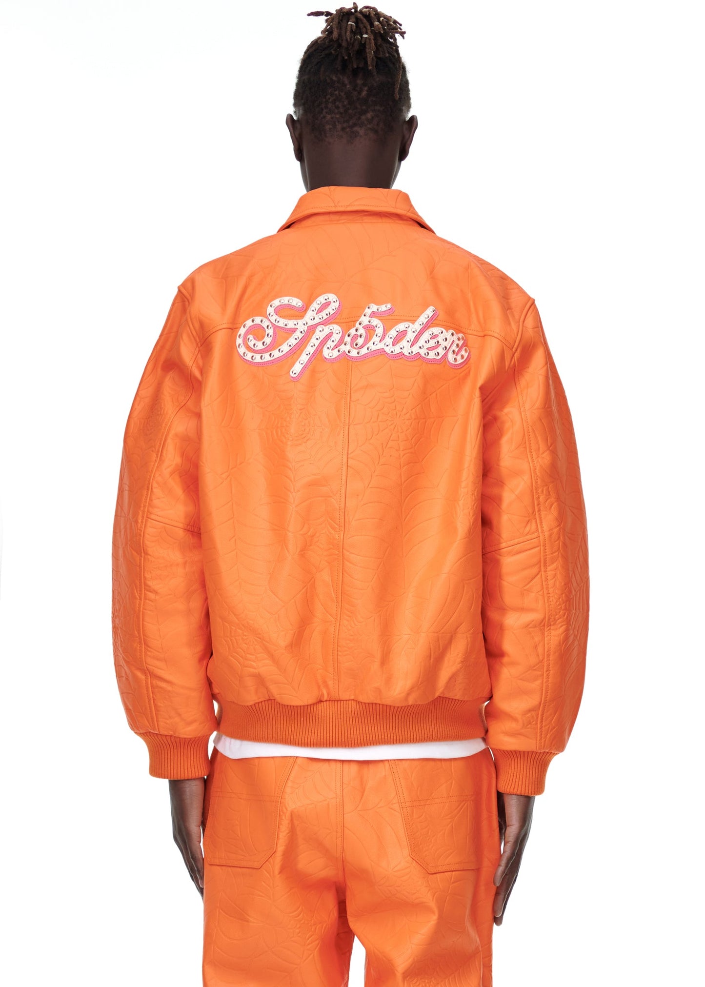 Close-up view of collar on SP5DER Debossed Web Leather Jacket in Orange