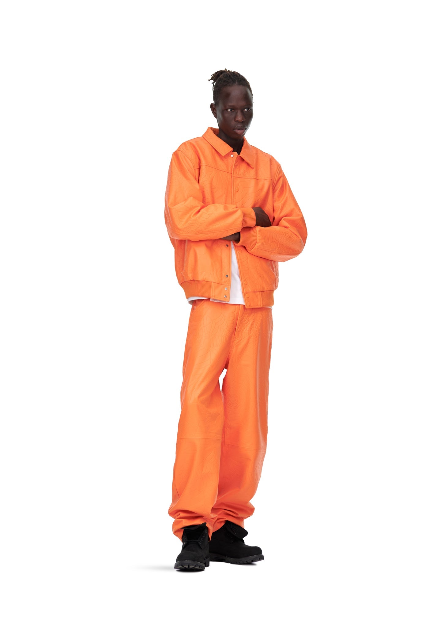 Full look view of SP5DER Debossed Web Leather Jacket in Orange