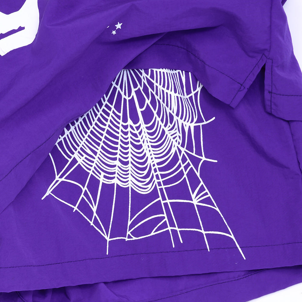 Detail view of back pocket on SP5DER Grape Logo Short in Purple