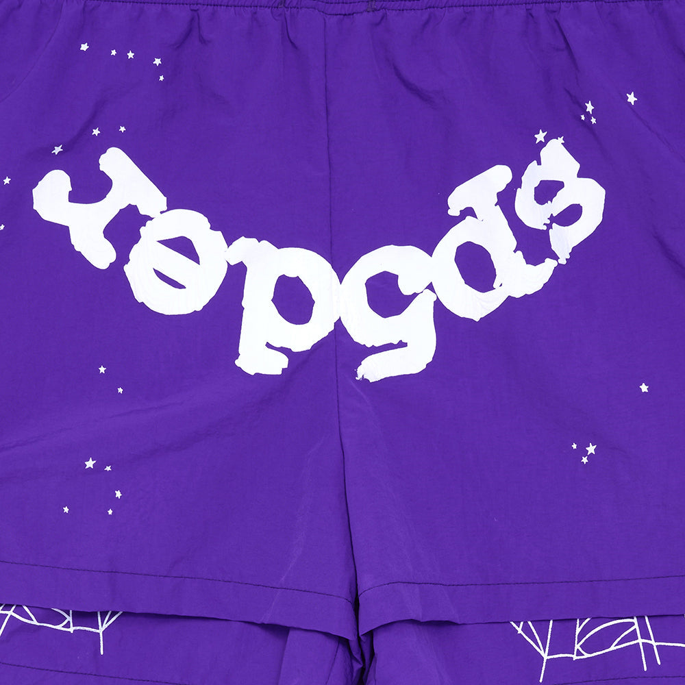 Detail view of OG web print on SP5DER Grape Logo Short in Purple
