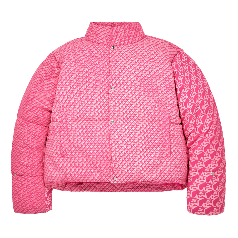 Front view of SP5DER 5Star Puffer Jacket in Pink