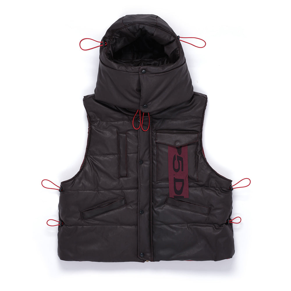 Front view of SP5DER Hooded Puffer Vest in Brown